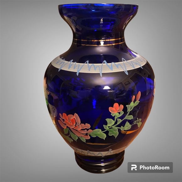 Vintage Hand-Painted Cobalt Blue Glass Large 10 1/2” Vase￼ - Picture 4 of 8